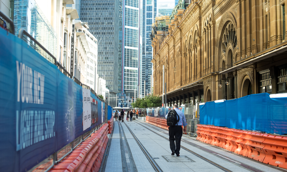 Construction in Sydney CBD and temporary pathways built to keep pedestrians safe.