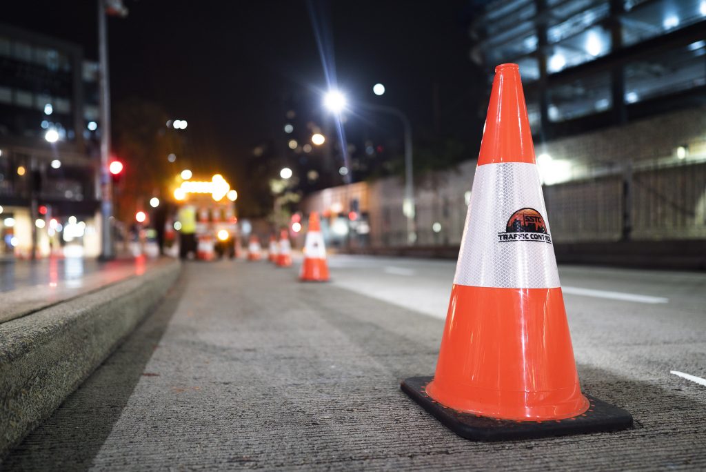 Traffic cones set up to direct traffic around construction by SSTC.