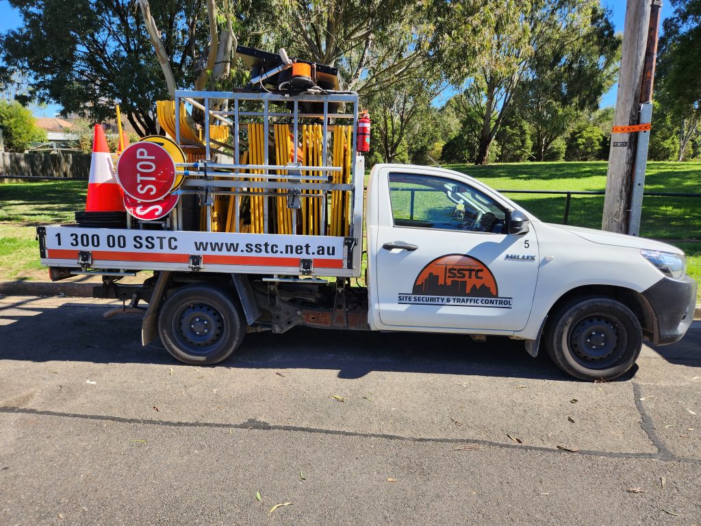 An SSTC Ute loaded with traffic control equipment. 