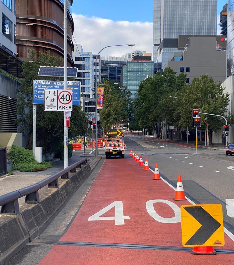 SSTC construction site traffic management and road lane closure setup in Parramatta CBD Sydney
